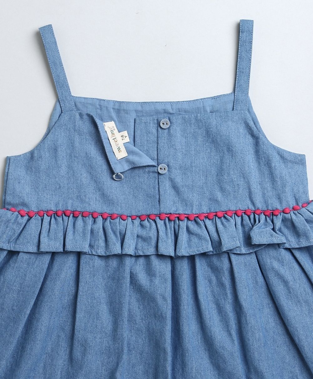 Denim Floral Embroidery Top & White Linen Shorts Co-ord Set - Blue & White