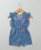 Cotton Denim Playsuit with Palm Tree and Neon Heart Embroidery - Blue