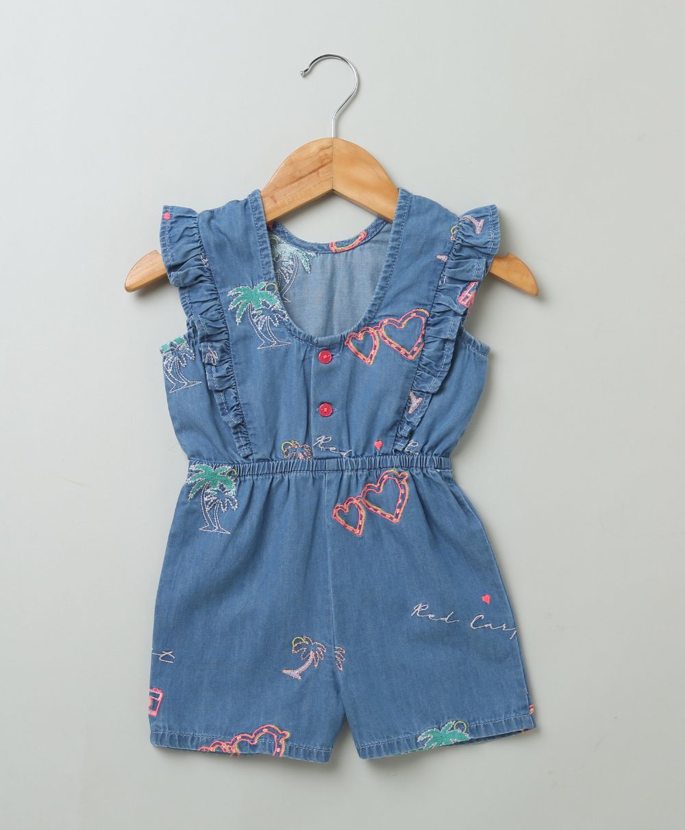 Cotton Denim Playsuit with Palm Tree and Neon Heart Embroidery - Blue