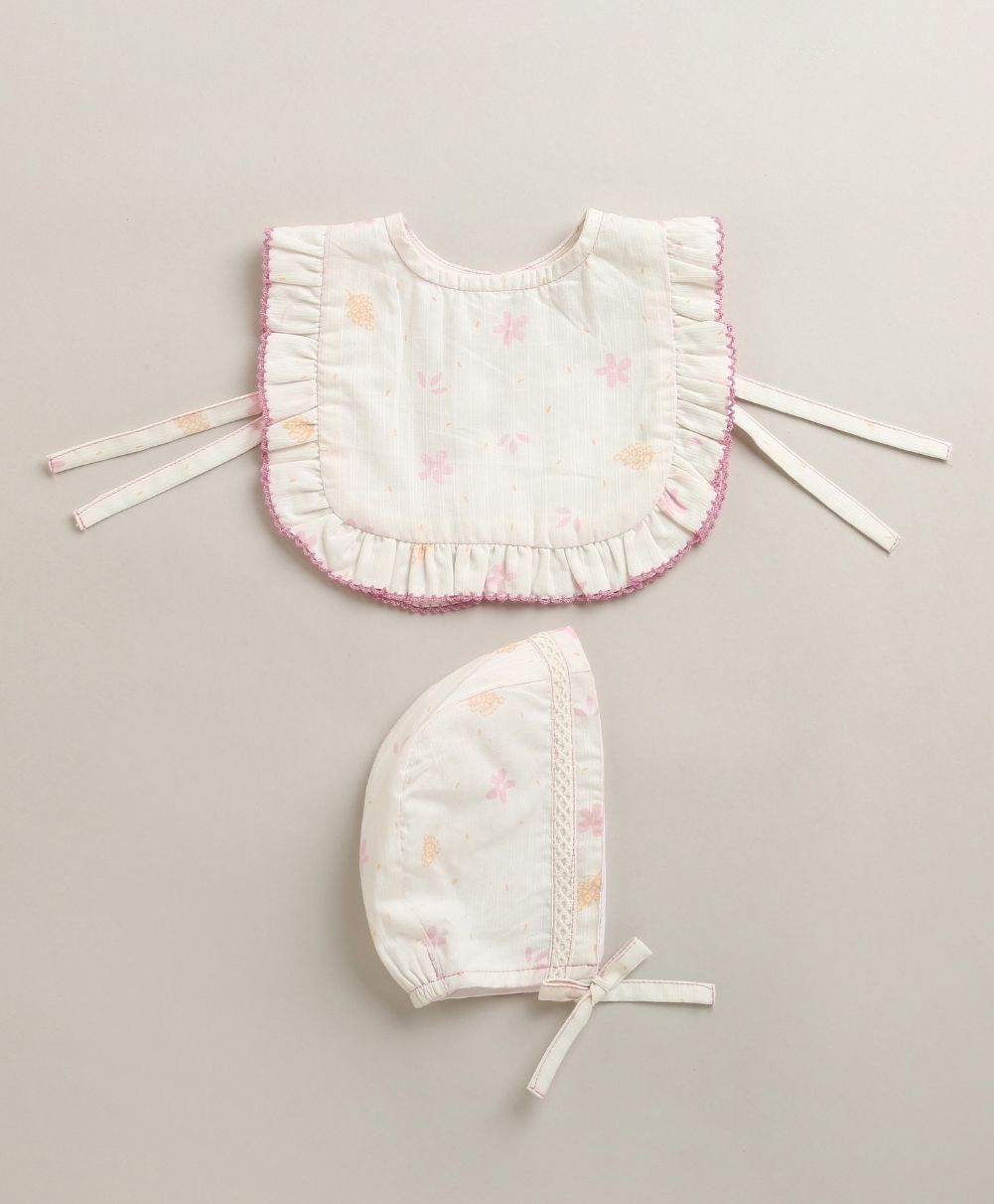 Organic Cotton Blush Petal Baby Bib & Bonnet Set - White