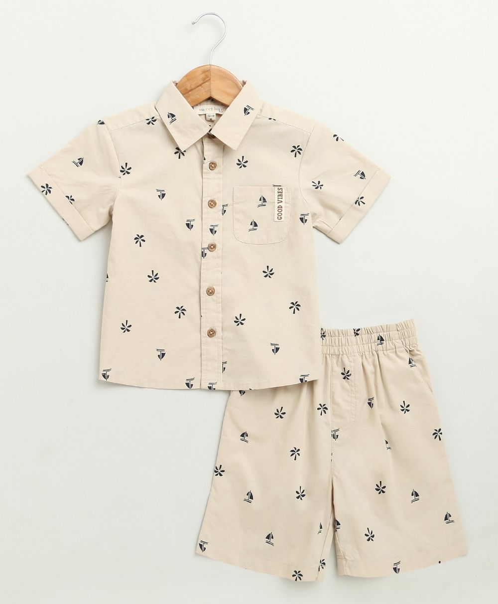 Boat Printed Cotton Poplin Co-ord Set - Beige