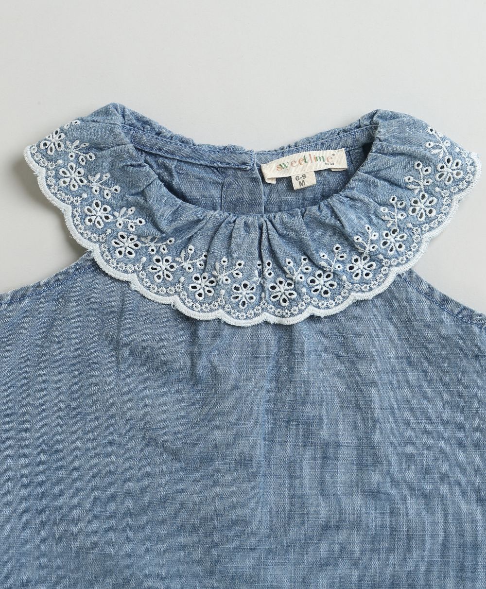 Cotton Denim Ruffle Dress & Bloomer Set - Blue