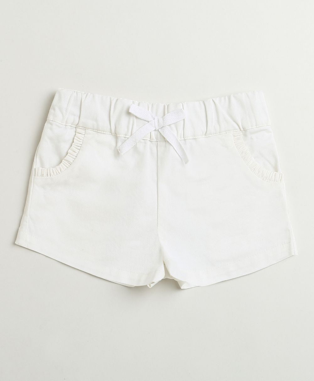 Blossom Basket Ruffle Top & Bow-Tie Cotton Twill Shorts Co-ord Set - Beige & White