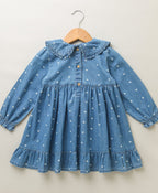 White Hearts Embroidery Cotton Denim Full Sleeves Dress - Blue