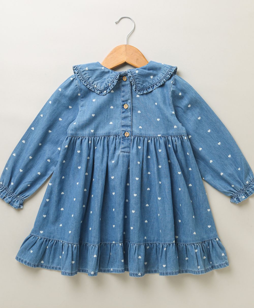 White Hearts Embroidery Cotton Denim Full Sleeves Dress - Blue