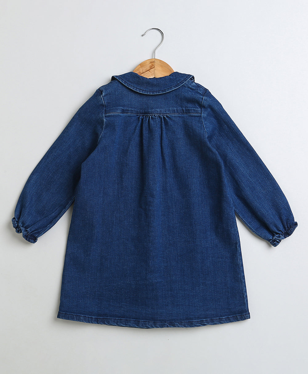 Floral Embroidery Cotton Denim Dress - Navy
