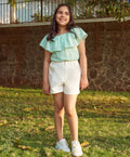 Off-Shoulder Schiffly Crop Top & Cotton Twill Shorts Set - Pastel Green & White