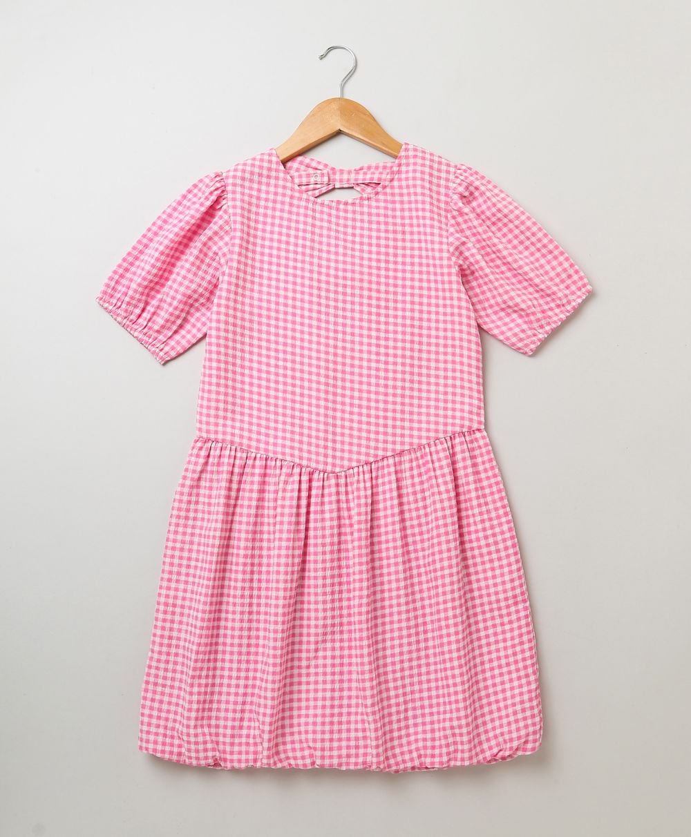 Checkered Short Sleeved Dress - Pink