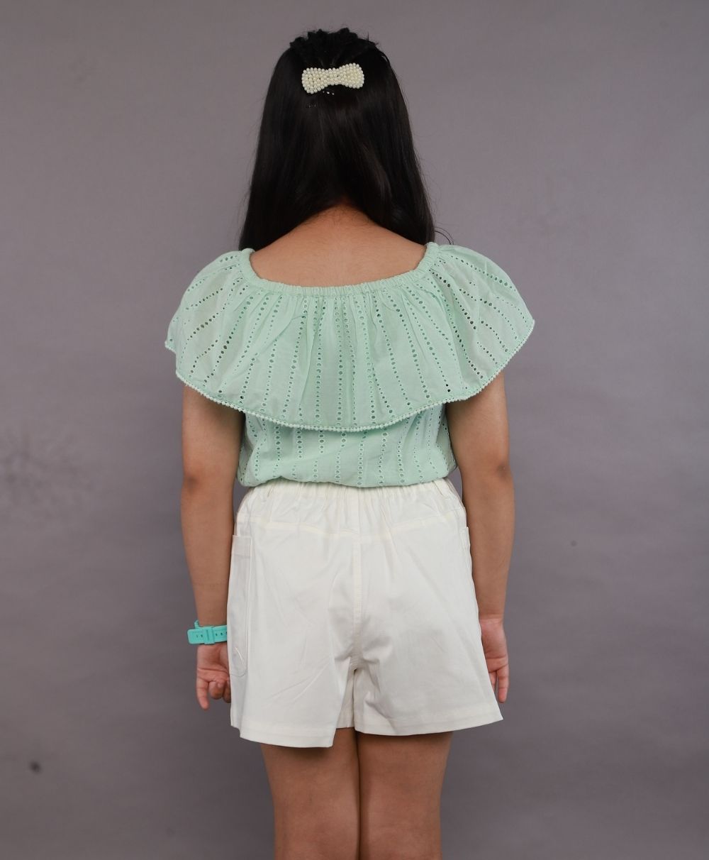 Off-Shoulder Schiffly Crop Top & Cotton Twill Shorts Set - Pastel Green & White