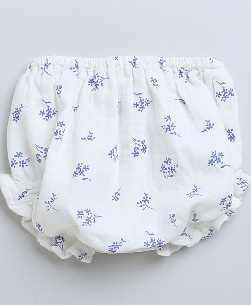 Baby Girls Blue Floral Printed Cotton Dress with a Bloomer - White