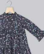 Cotton Denim All Over Floral Printed Dress - Navy
