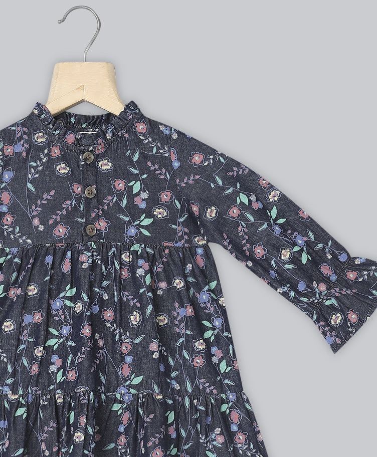 Cotton Denim All Over Floral Printed Dress - Navy