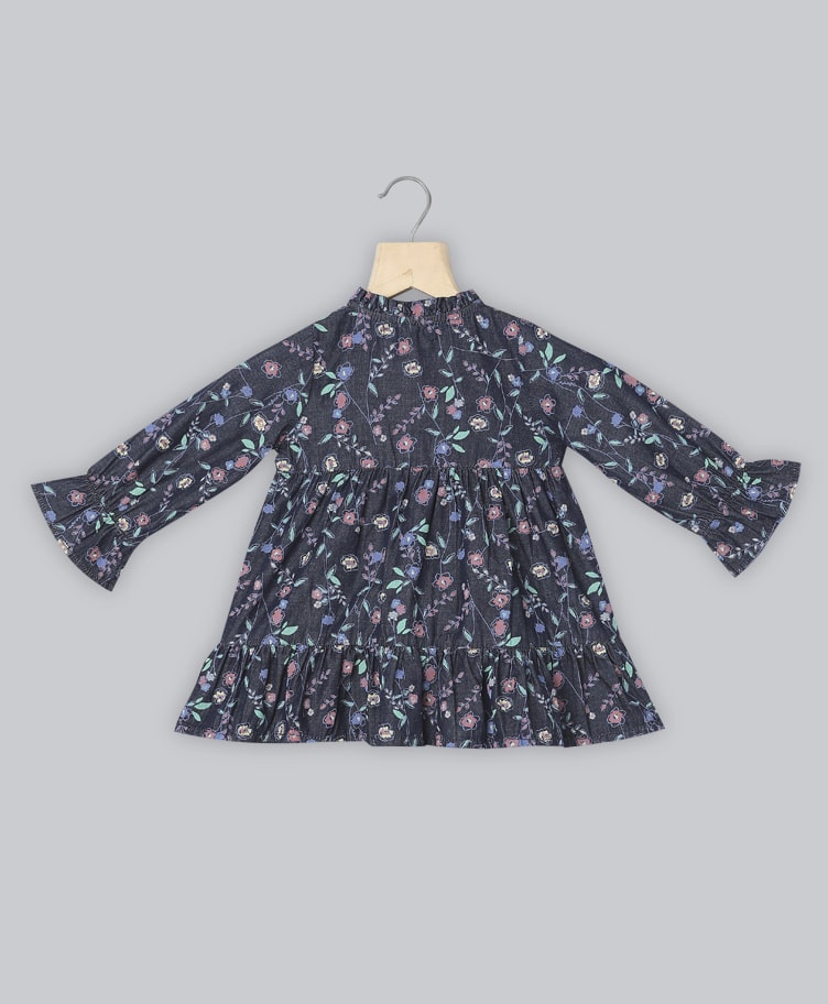 Cotton Denim All Over Floral Printed Dress - Navy