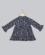 Cotton Denim All Over Floral Printed Dress - Navy