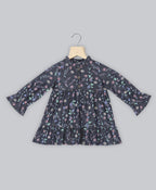 Cotton Denim All Over Floral Printed Dress - Navy