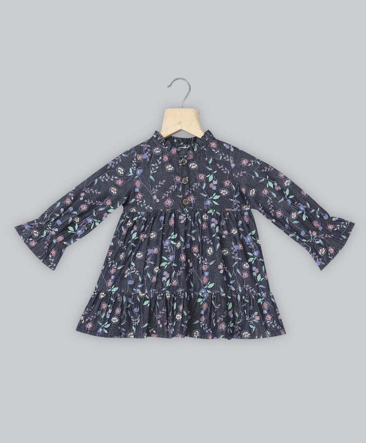 Cotton Denim All Over Floral Printed Dress - Navy