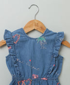 Cotton Denim Playsuit with Palm Tree and Neon Heart Embroidery - Blue