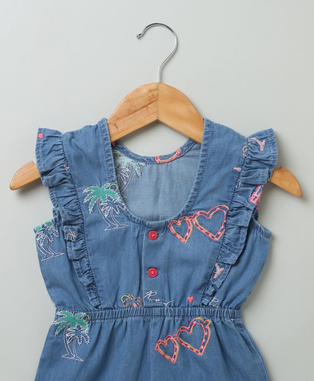 Cotton Denim Playsuit with Palm Tree and Neon Heart Embroidery - Blue