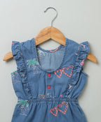 Cotton Denim Playsuit with Palm Tree and Neon Heart Embroidery - Blue