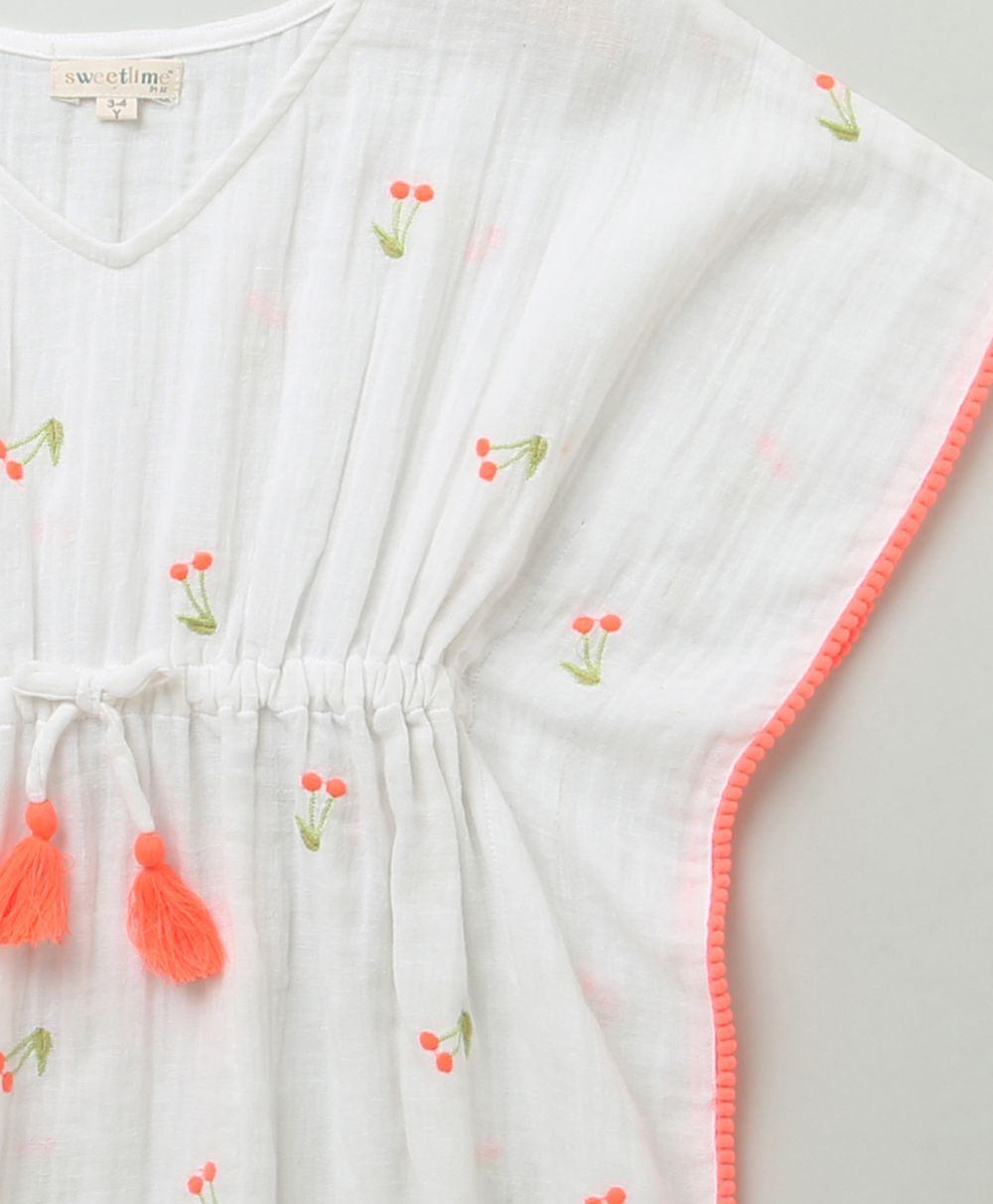 Cherry Embroidery Organic Cotton Kaftan - White