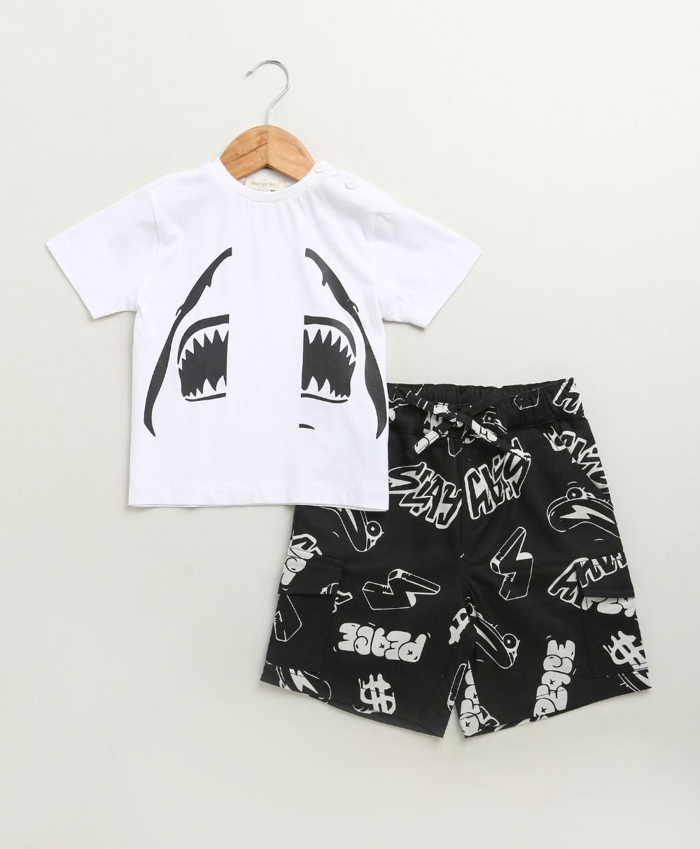 Unisex Jaws & Graffiti Cotton Shorts Co-ord Set - Streetwear - White & Black