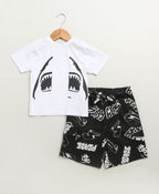 Unisex Jaws & Graffiti Cotton Shorts Co-ord Set - Streetwear - White & Black