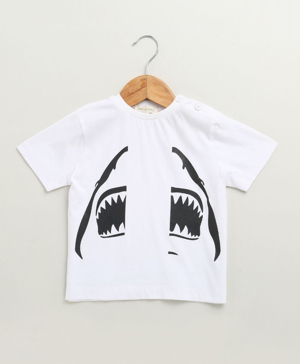 Unisex Jaws Graphic Cotton T-shirt  - Streetwear - White