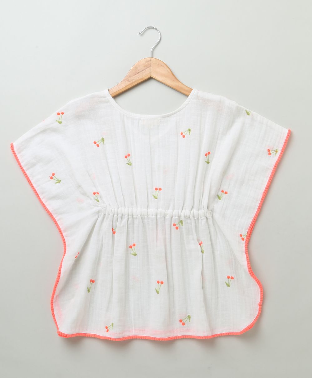Cherry Embroidery Organic Cotton Kaftan - White