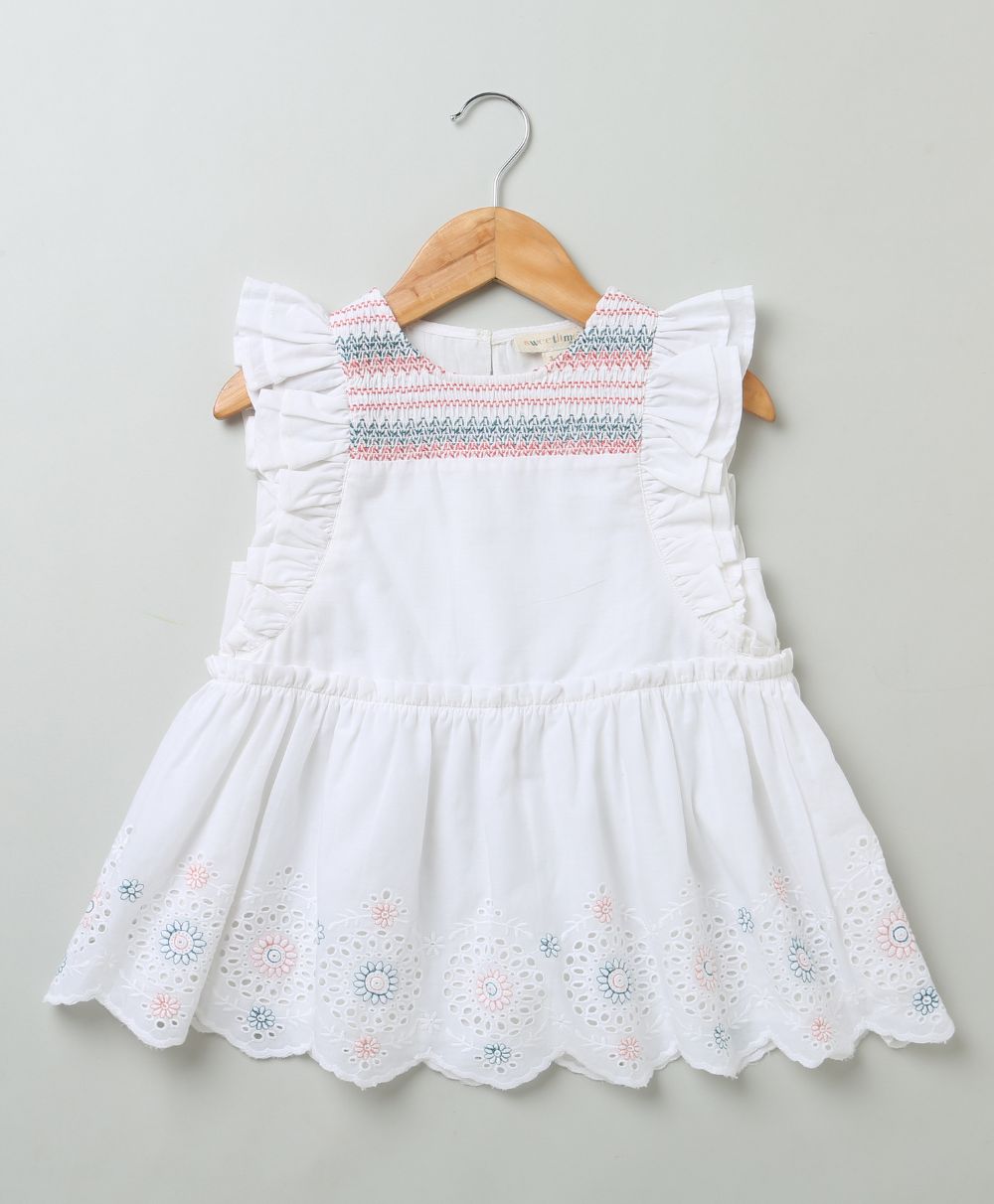 Embroidered Crew Neck Dress - White
