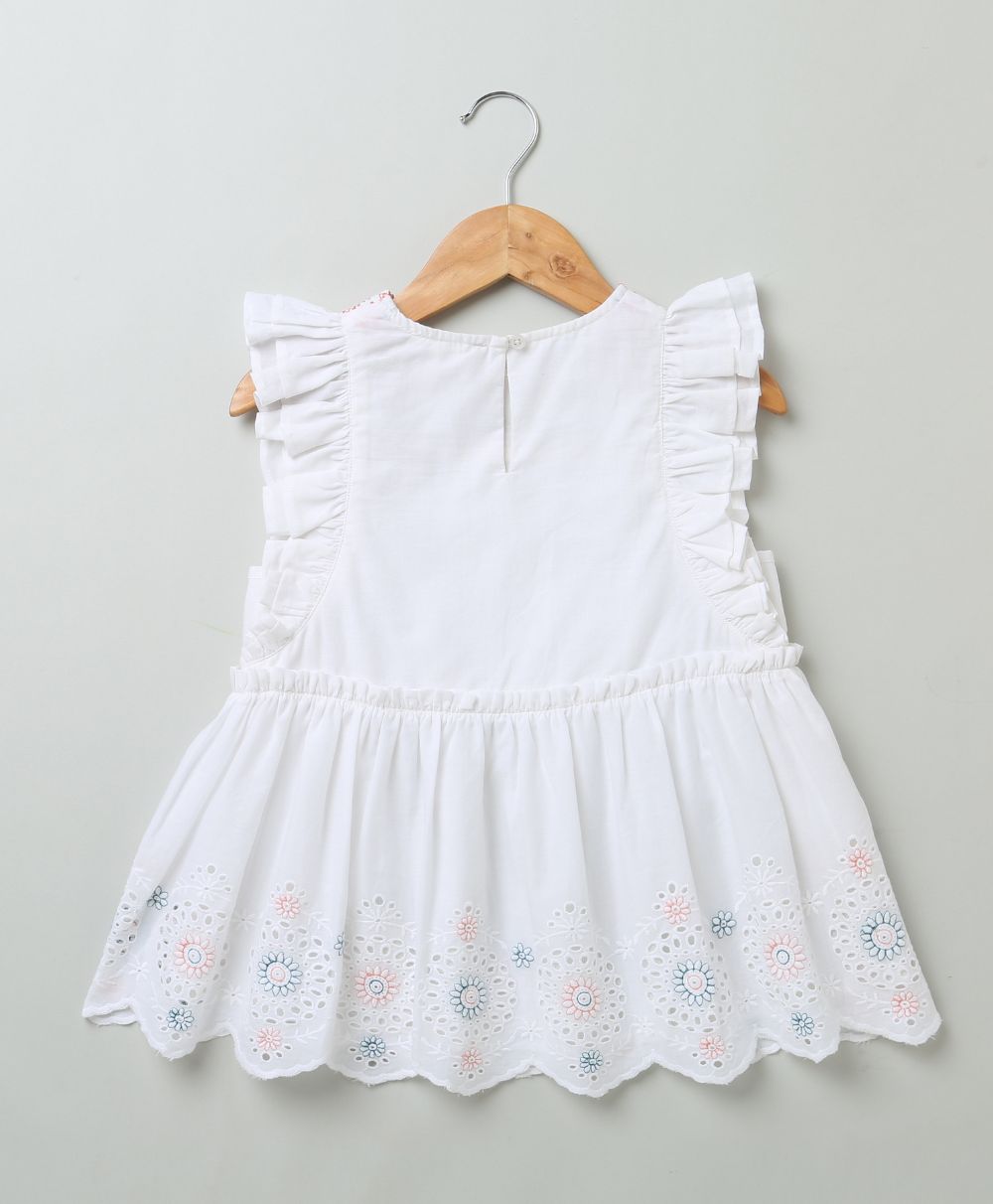 Embroidered Crew Neck Dress - White
