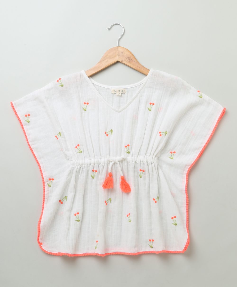 Cherry Embroidery Organic Cotton Kaftan - White