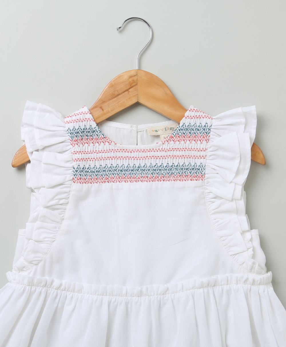 Embroidered Crew Neck Dress - White