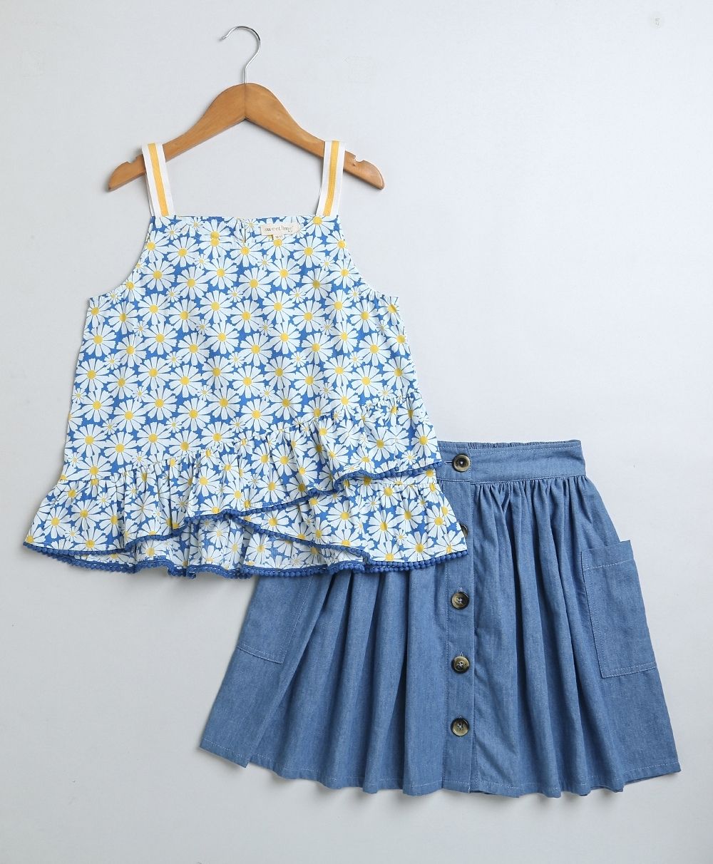 Stylish Floral Print Cotton Top & Soft Denim Skirt Coord Set - Blue