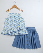 Stylish Floral Print Cotton Top & Soft Denim Skirt Coord Set - Blue