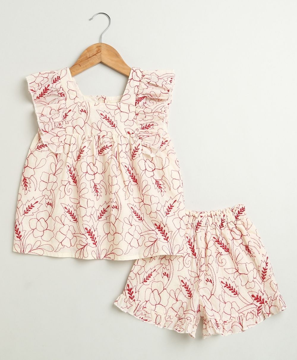 Red Floral Embroidery Ruffle Organic Cotton Co-ord Set - Off-White