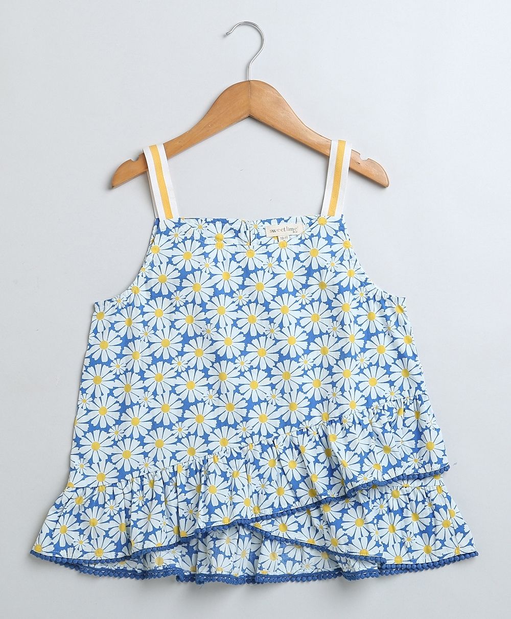 Stylish Floral Print Cotton Top & Soft Denim Skirt Coord Set - Blue