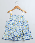 Stylish Floral Print Cotton Top & Soft Denim Skirt Coord Set - Blue