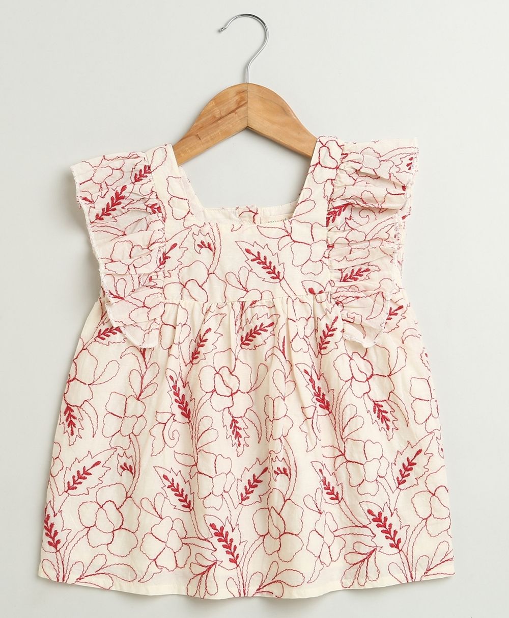 Red Floral Embroidery Ruffle Organic Cotton Co-ord Set - Off-White