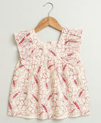 Red Floral Embroidery Ruffle Organic Cotton Co-ord Set - Off-White