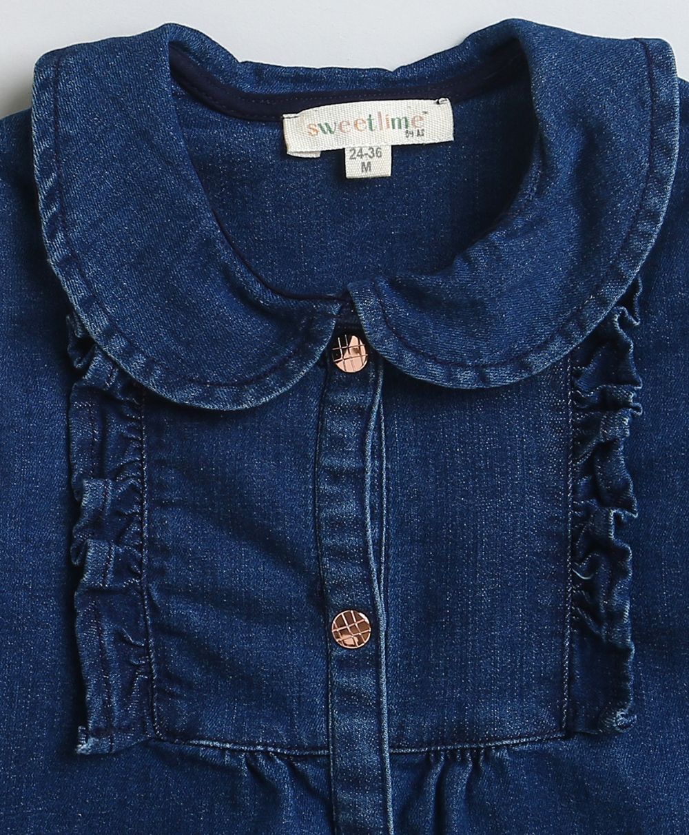 Floral Embroidery Cotton Denim Dress - Navy