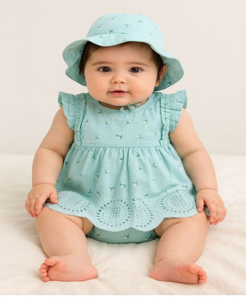 Baby Girls' Bluebell Fairy Organic Cotton Ruffle Dress, Hat and Bloomer Set -Sea Green