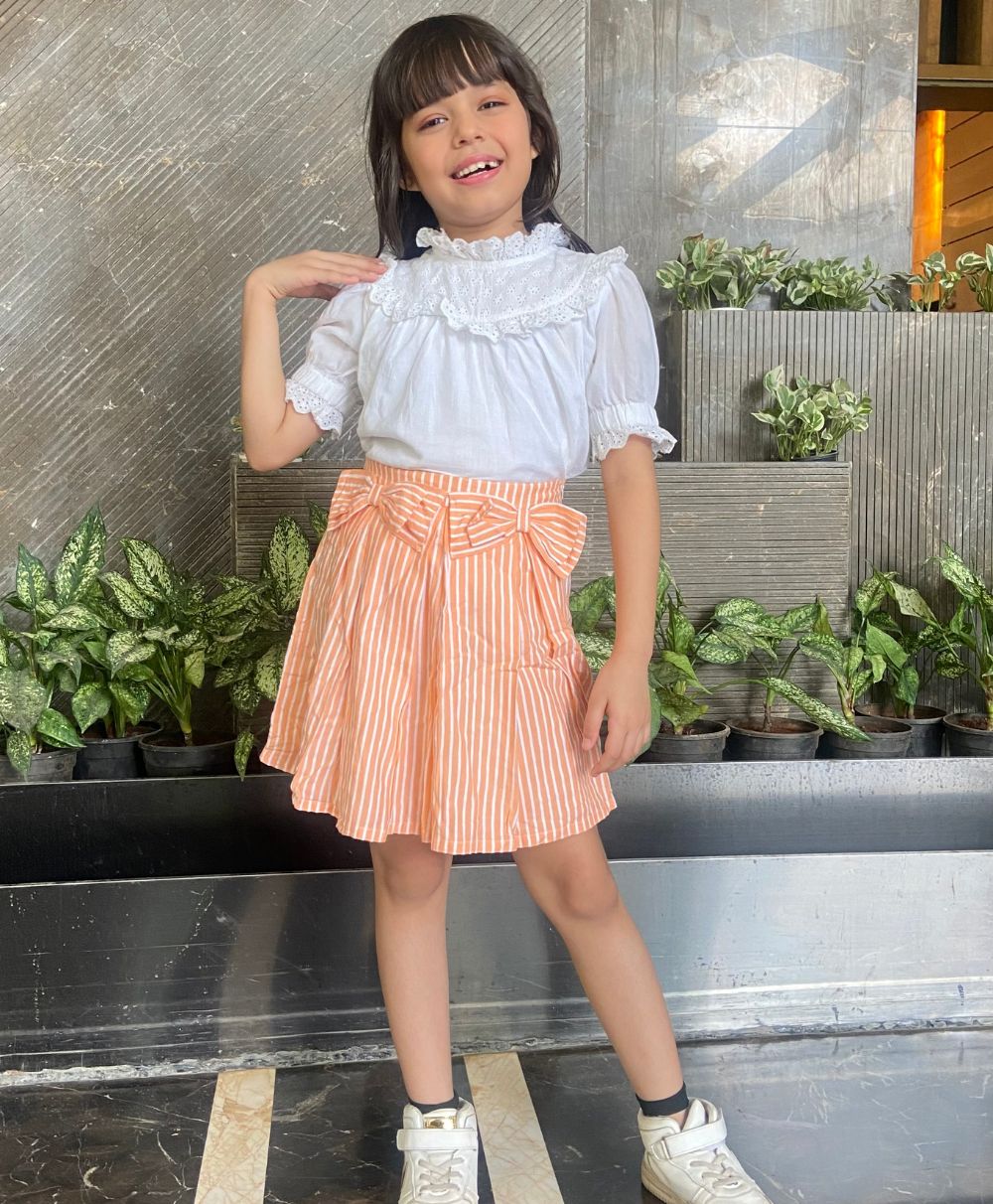 Ruffled Blouse & Striped Skirt - White & Peach