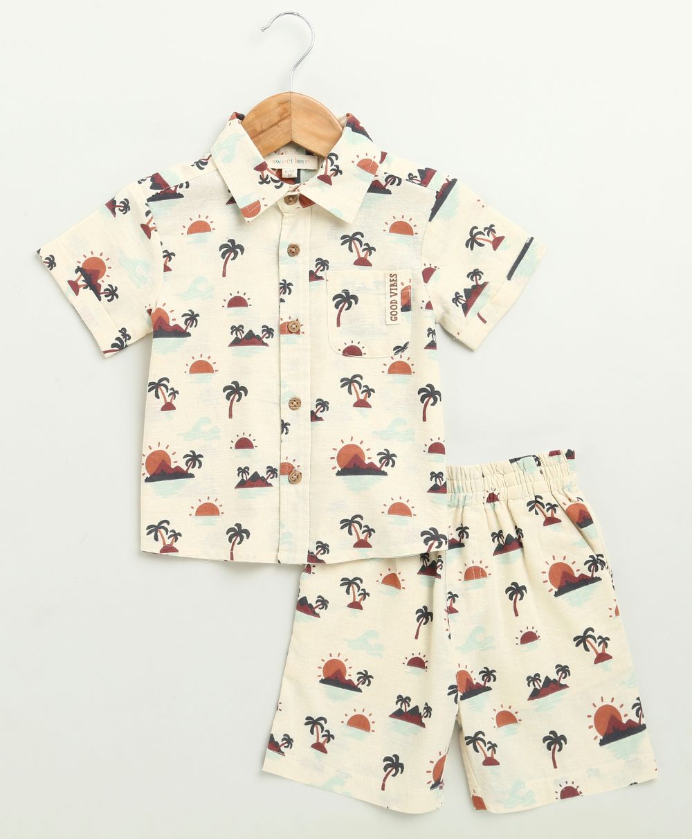 Sunset Print Cotton Linen Co-ord Set - Beige