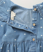 White Hearts Embroidery Cotton Denim Full Sleeves Dress - Blue