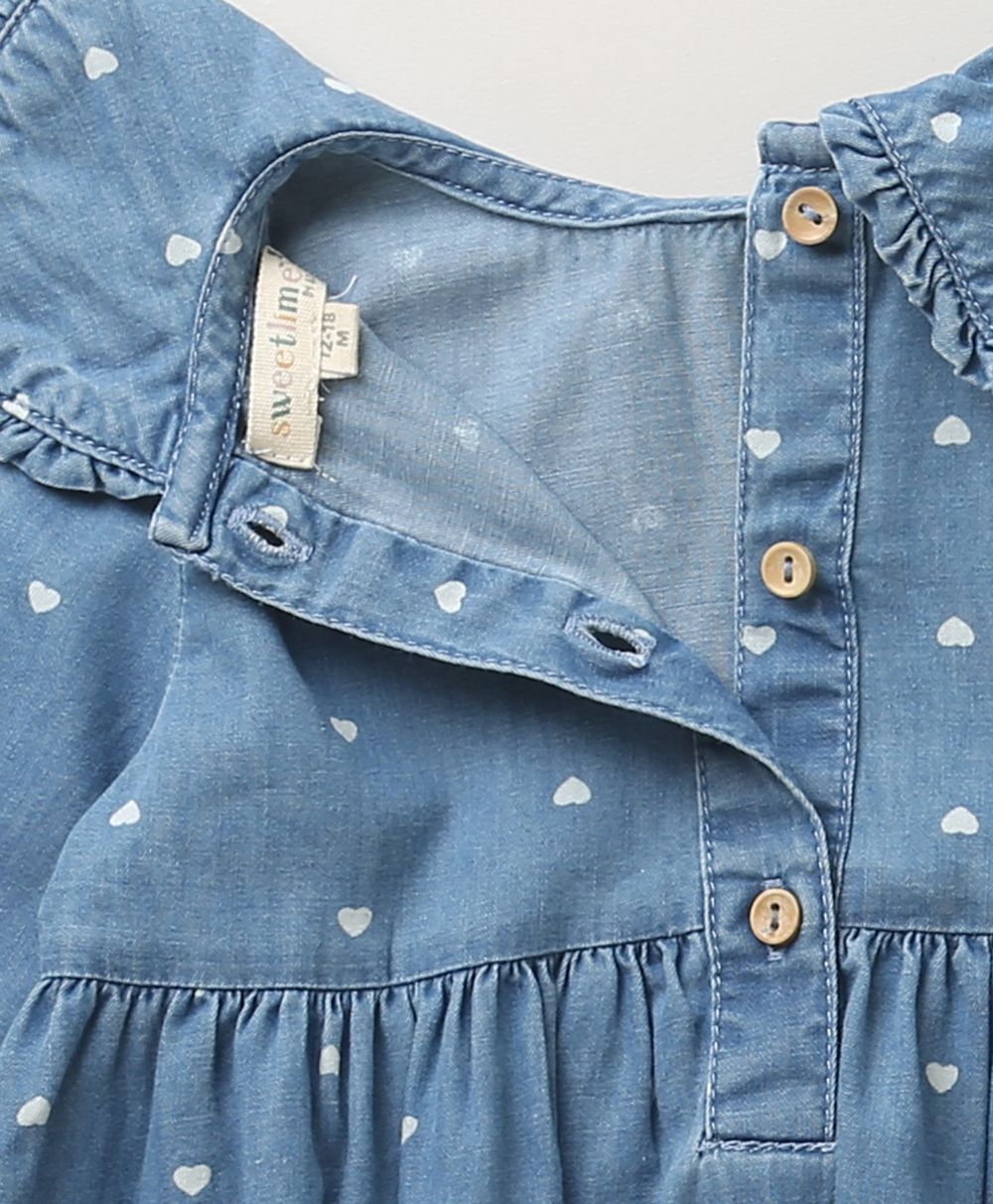 White Hearts Embroidery Cotton Denim Full Sleeves Dress - Blue