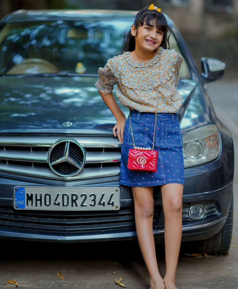Floral Printed Blouse & Polka Dot Printed A line Skirt with Front Pocket - Multicolored