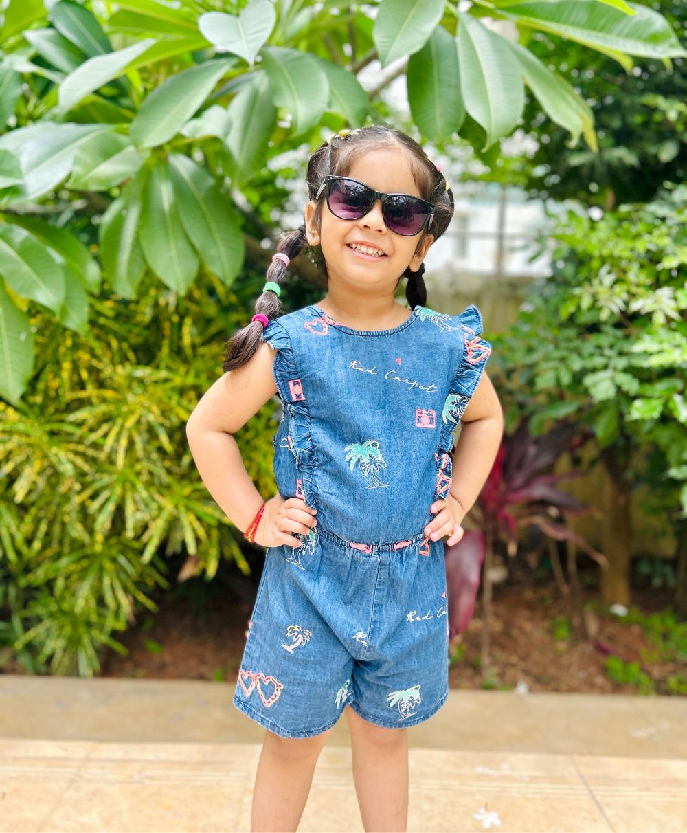 Cotton Denim Playsuit with Palm Tree and Neon Heart Embroidery - Blue