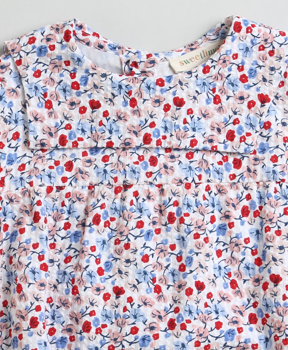 Red & Blue Floral Print Organic Cotton Bodysuit - Multicoloured