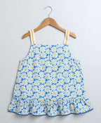Stylish Floral Print Cotton Top & Soft Denim Skirt Coord Set - Blue