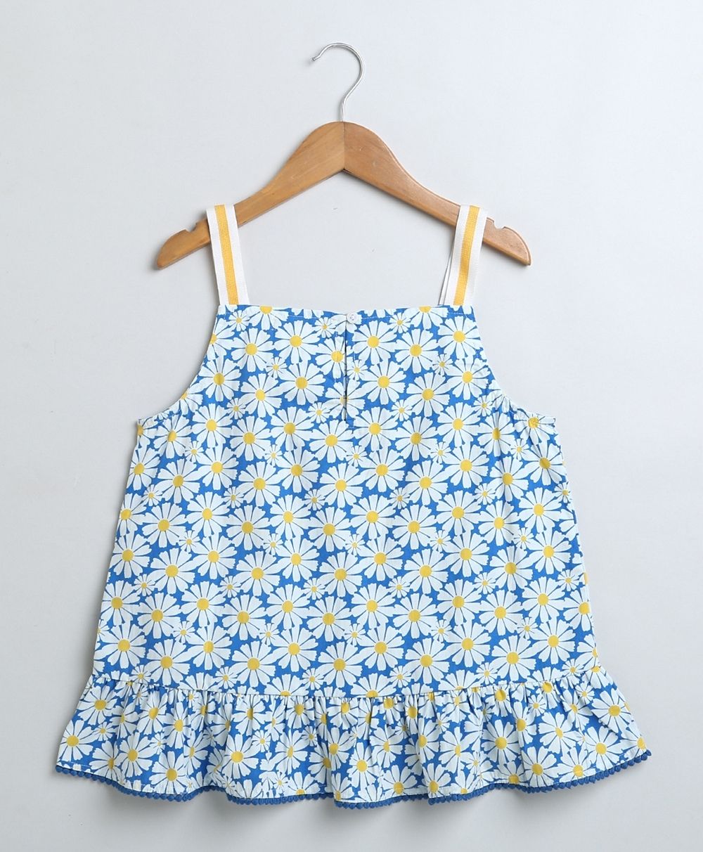 Stylish Floral Print Cotton Top & Soft Denim Skirt Coord Set - Blue